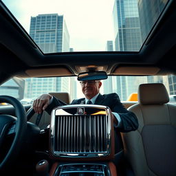 A sophisticated lawyer driving a luxurious 2024 Rolls Royce Ghost, with a serene expression as he navigates through a cityscape