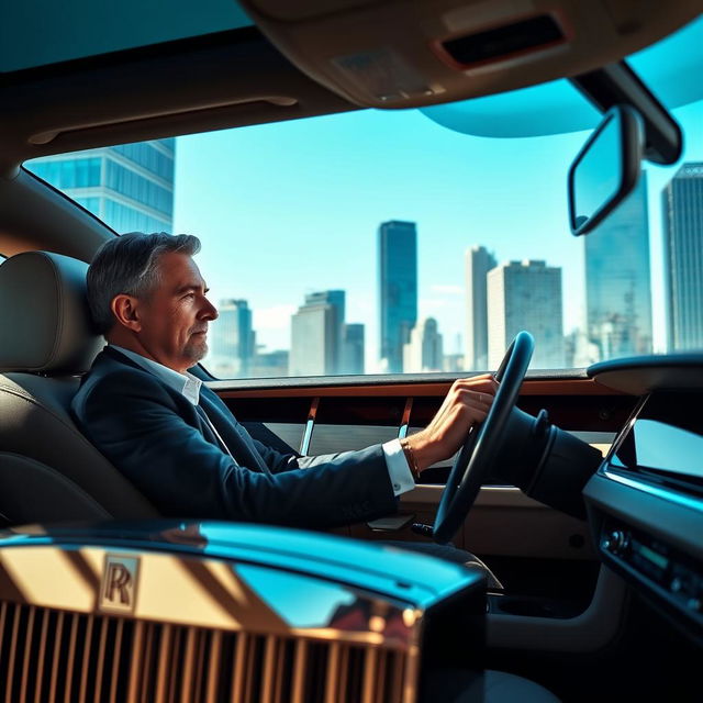 A sophisticated lawyer driving a luxurious 2024 Rolls Royce Ghost, with a serene expression as he navigates through a cityscape