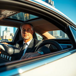 A sophisticated lawyer driving a luxurious 2024 Rolls Royce Ghost, with a serene expression as he navigates through a cityscape