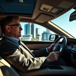 A sophisticated lawyer driving a luxurious 2024 Rolls Royce Ghost, with a serene expression as he navigates through a cityscape