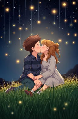 A romantic scene of a boy and girl kissing while sitting on a grassy meadow at night