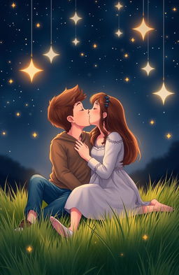 A romantic scene of a boy and girl kissing while sitting on a grassy meadow at night
