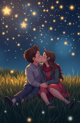 A romantic scene of a boy and girl kissing while sitting on a grassy meadow at night