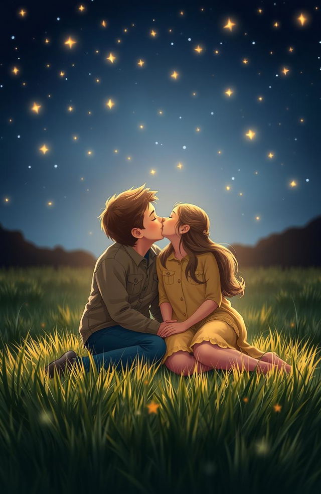 A romantic scene of a boy and girl kissing while sitting on a grassy meadow at night