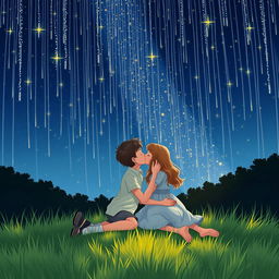 A romantic scene of a boy and girl kissing while sitting on a grassy meadow at night