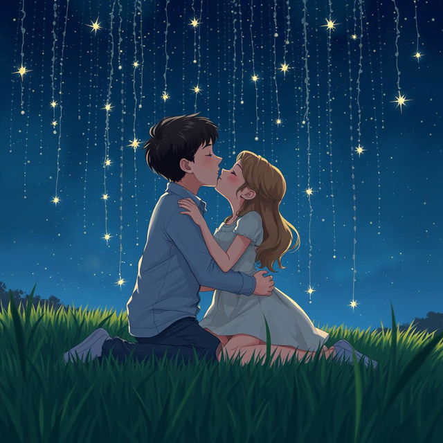 A romantic scene of a boy and girl kissing while sitting on a grassy meadow at night