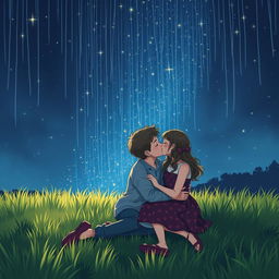 A romantic scene of a boy and girl kissing while sitting on a grassy meadow at night