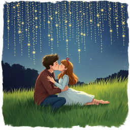 A romantic scene of a boy and girl kissing while sitting on a grassy meadow at night