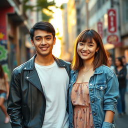 A young couple standing side by side in a vibrant city setting during golden hour