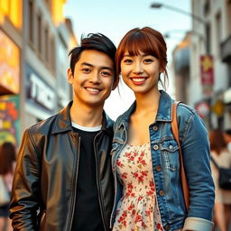 A young couple standing side by side in a vibrant city setting during golden hour