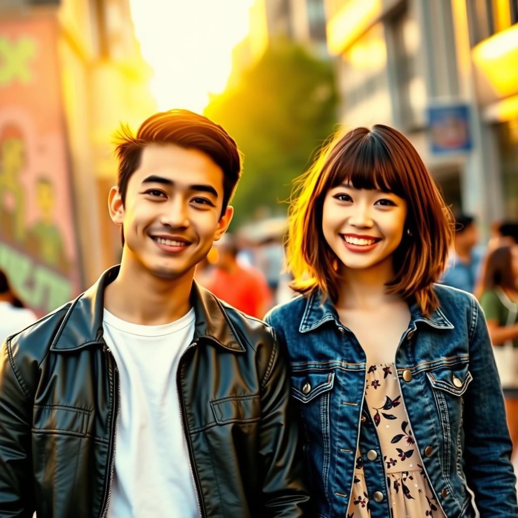 A young couple standing side by side in a vibrant city setting during golden hour