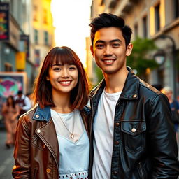 A young couple standing side by side in a vibrant city setting during golden hour