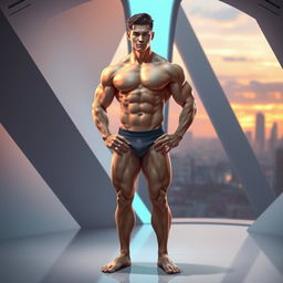 A highly stylized artistic representation of a muscular and athletic male body, standing confidently with a strong posture