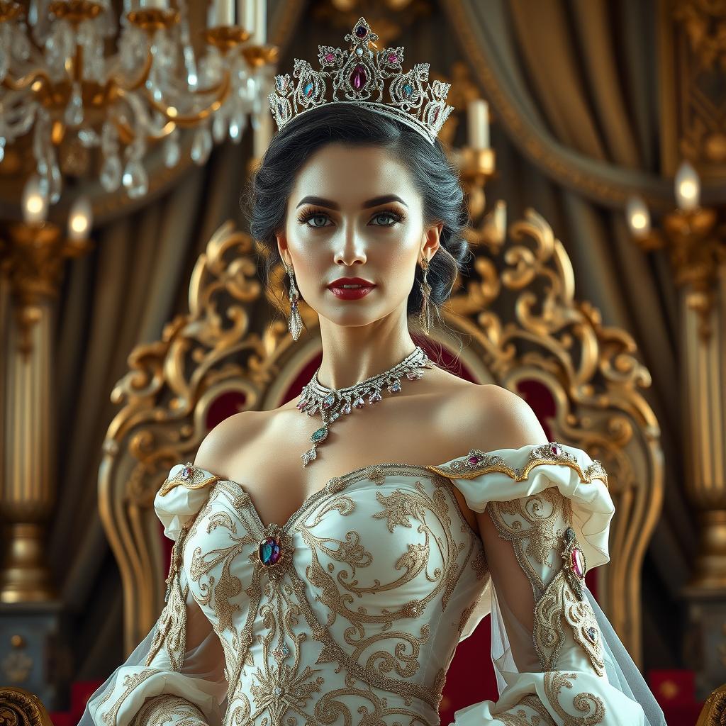 A majestic and confident woman exuding regal beauty, adorned in an elaborate, intricately designed gown featuring rich fabrics and jewels