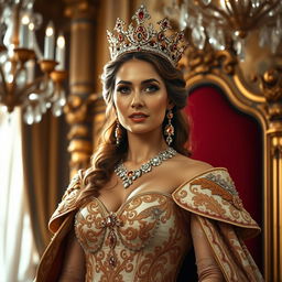 A majestic and confident woman exuding regal beauty, adorned in an elaborate, intricately designed gown featuring rich fabrics and jewels