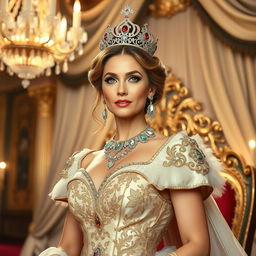 A majestic and confident woman exuding regal beauty, adorned in an elaborate, intricately designed gown featuring rich fabrics and jewels