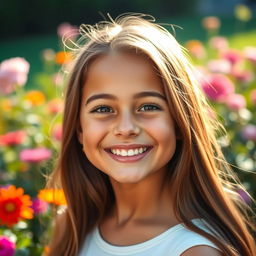 A beautiful girl with a radiant smile, her eyes sparkling with joy