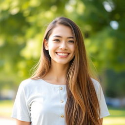 A young woman with a warm and radiant smile, standing outdoors