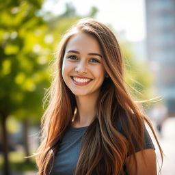 A young woman with a warm and radiant smile, standing outdoors