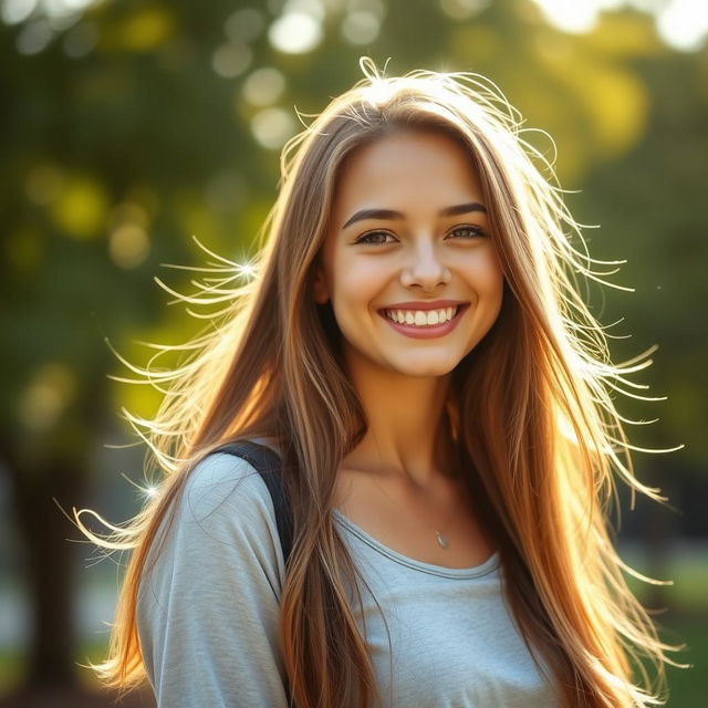 A young woman with a warm and radiant smile, standing outdoors