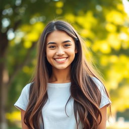 A young woman with a warm and radiant smile, standing outdoors