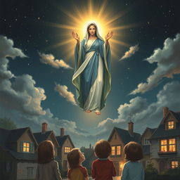 A serene depiction of the Virgin Mary appearing in the sky over a small French village in Pontmain, France, with children gazing up in awe