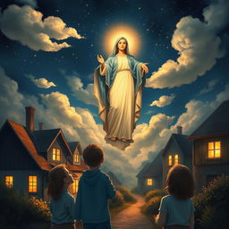 A serene depiction of the Virgin Mary appearing in the sky over a small French village in Pontmain, France, with children gazing up in awe