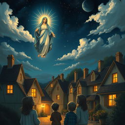 A serene depiction of the Virgin Mary appearing in the sky over a small French village in Pontmain, France, with children gazing up in awe