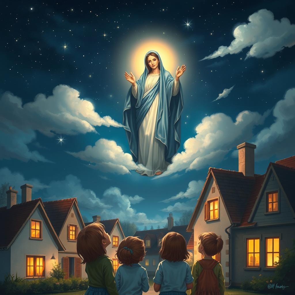 A serene depiction of the Virgin Mary appearing in the sky over a small French village in Pontmain, France, with children gazing up in awe