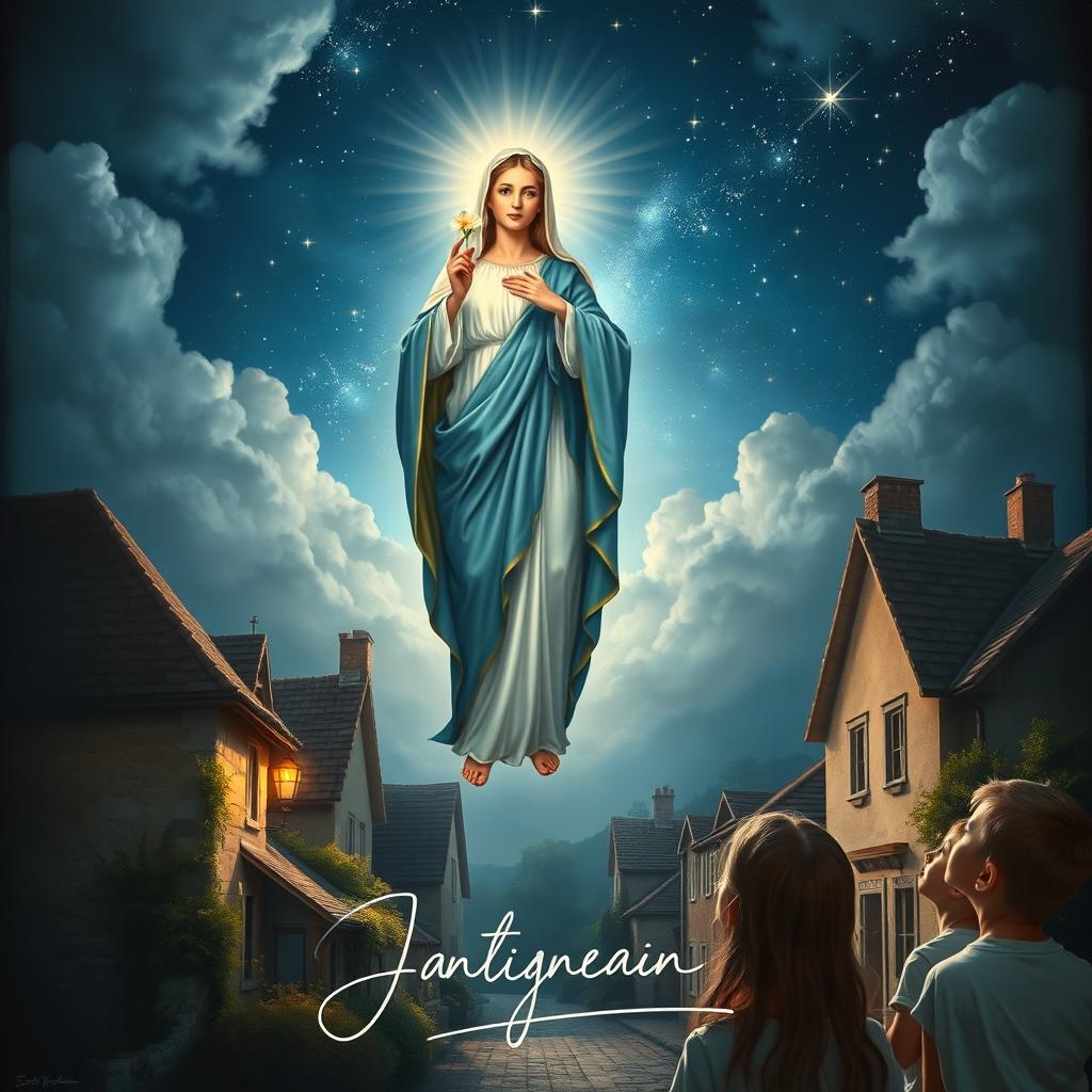 A breathtaking depiction of the Virgin Mary appearing in the sky over the quaint village of Pontmain, France, holding a beautiful flower delicately between her hands