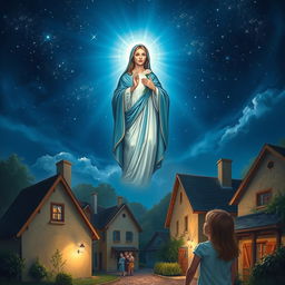 A breathtaking depiction of the Virgin Mary appearing in the sky over the quaint village of Pontmain, France, holding a beautiful flower delicately between her hands