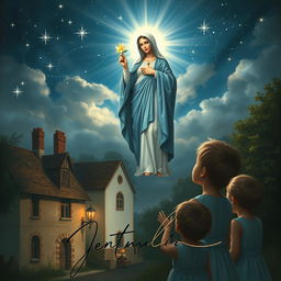 A breathtaking depiction of the Virgin Mary appearing in the sky over the quaint village of Pontmain, France, holding a beautiful flower delicately between her hands