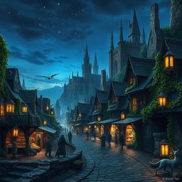 A detailed fantasy landscape inspired by Baldur's Gate, featuring ancient stone architecture overgrown with vibrant green vines, dimly lit streets lined with medieval buildings, a bustling market scene filled with adventurers, vendors, and fantasy creatures, illuminated by warm, magical glowing lanterns