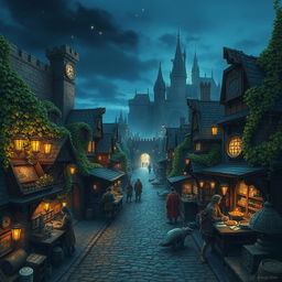 A detailed fantasy landscape inspired by Baldur's Gate, featuring ancient stone architecture overgrown with vibrant green vines, dimly lit streets lined with medieval buildings, a bustling market scene filled with adventurers, vendors, and fantasy creatures, illuminated by warm, magical glowing lanterns