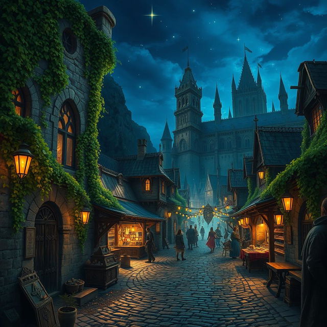 A detailed fantasy landscape inspired by Baldur's Gate, featuring ancient stone architecture overgrown with vibrant green vines, dimly lit streets lined with medieval buildings, a bustling market scene filled with adventurers, vendors, and fantasy creatures, illuminated by warm, magical glowing lanterns