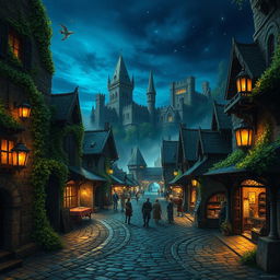 A detailed fantasy landscape inspired by Baldur's Gate, featuring ancient stone architecture overgrown with vibrant green vines, dimly lit streets lined with medieval buildings, a bustling market scene filled with adventurers, vendors, and fantasy creatures, illuminated by warm, magical glowing lanterns