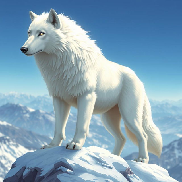 A stunning fantasy illustration of a majestic, pure white wolf standing on a snow-covered mountain peak