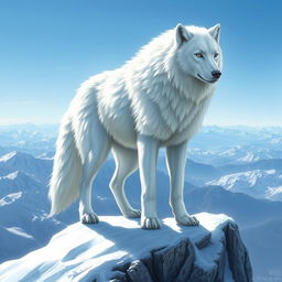 A stunning fantasy illustration of a majestic, pure white wolf standing on a snow-covered mountain peak