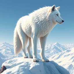 A stunning fantasy illustration of a majestic, pure white wolf standing on a snow-covered mountain peak