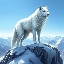 A stunning fantasy illustration of a majestic, pure white wolf standing on a snow-covered mountain peak