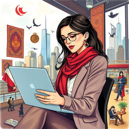 A vivid depiction of the life of an Iranian girl trader, showcasing her daily routine and experiences in a bustling urban environment