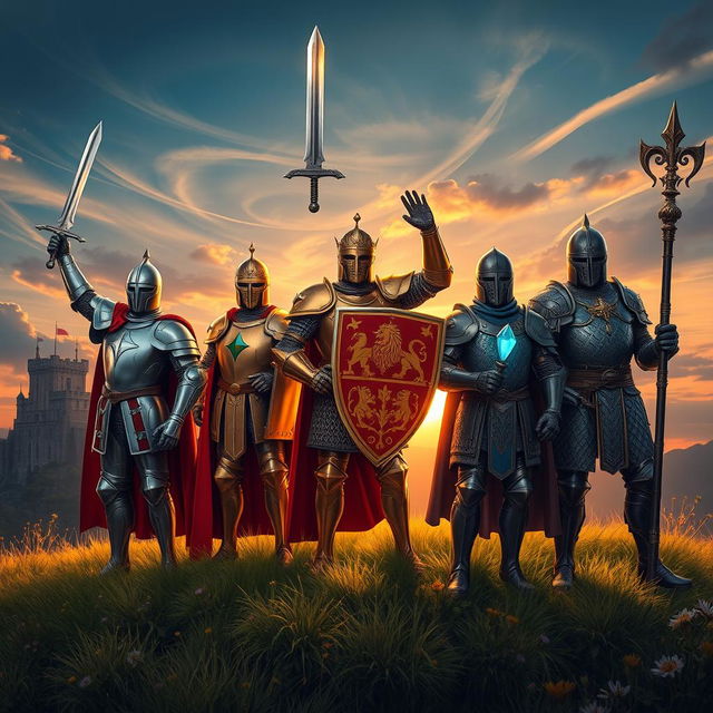 Three valiant knights standing triumphantly on a grassy hill, each adorned in intricately detailed armor that reflects their unique statuses