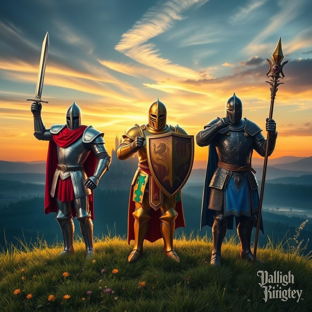 Three valiant knights standing triumphantly on a grassy hill, each adorned in intricately detailed armor that reflects their unique statuses