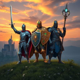 Three valiant knights standing triumphantly on a grassy hill, each adorned in intricately detailed armor that reflects their unique statuses