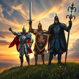 Three valiant knights standing triumphantly on a grassy hill, each adorned in intricately detailed armor that reflects their unique statuses