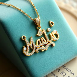 A beautifully designed necklace featuring the name 'Maria' written in Arabic calligraphy