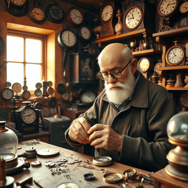 A wise, old watchmaker in his cozy, cluttered workshop filled with various antique clocks and watch parts