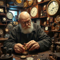 A wise, old watchmaker in his cozy, cluttered workshop filled with various antique clocks and watch parts