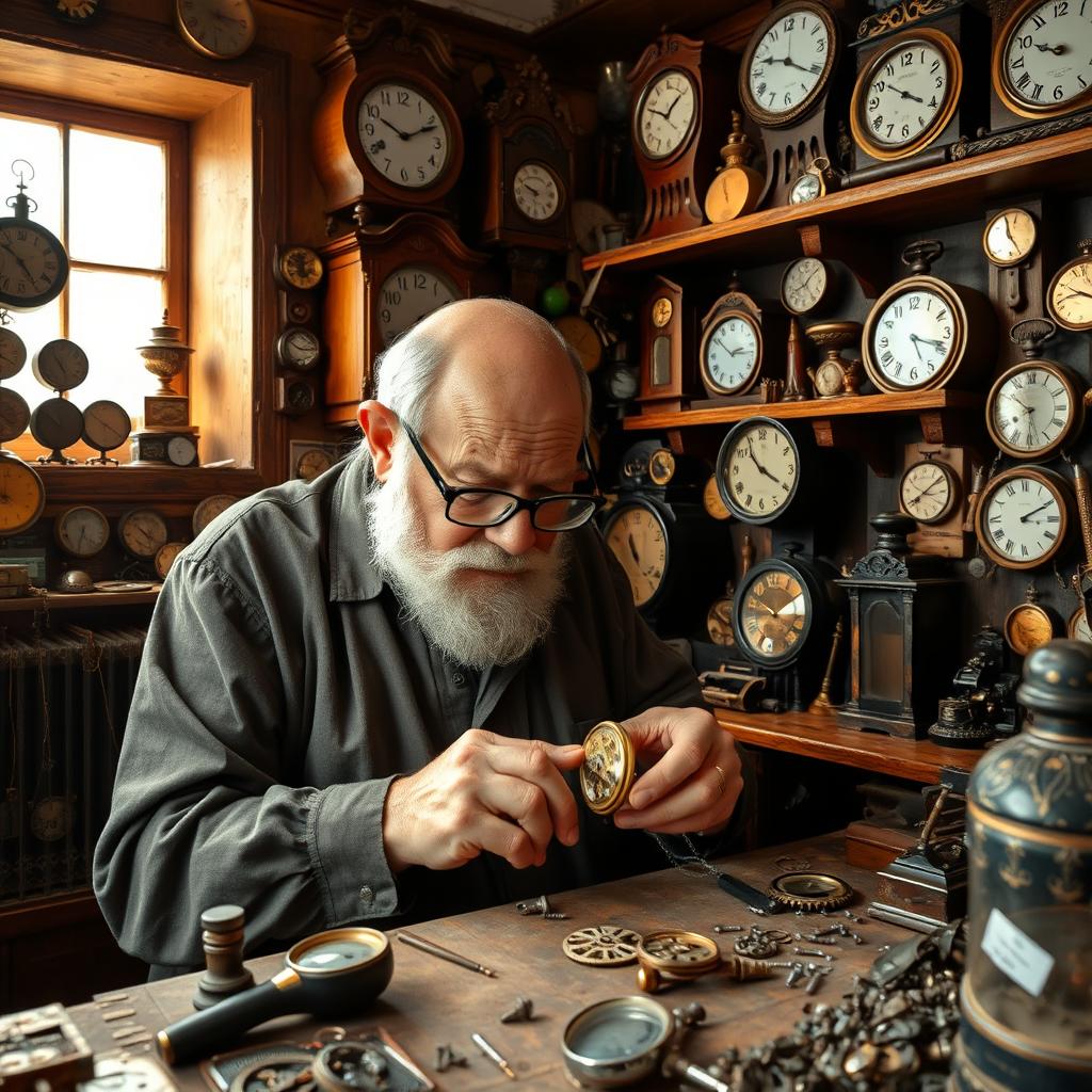 A wise, old watchmaker in his cozy, cluttered workshop filled with various antique clocks and watch parts