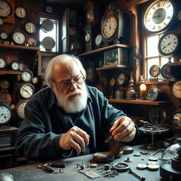 A wise, old watchmaker in his cozy, cluttered workshop filled with various antique clocks and watch parts